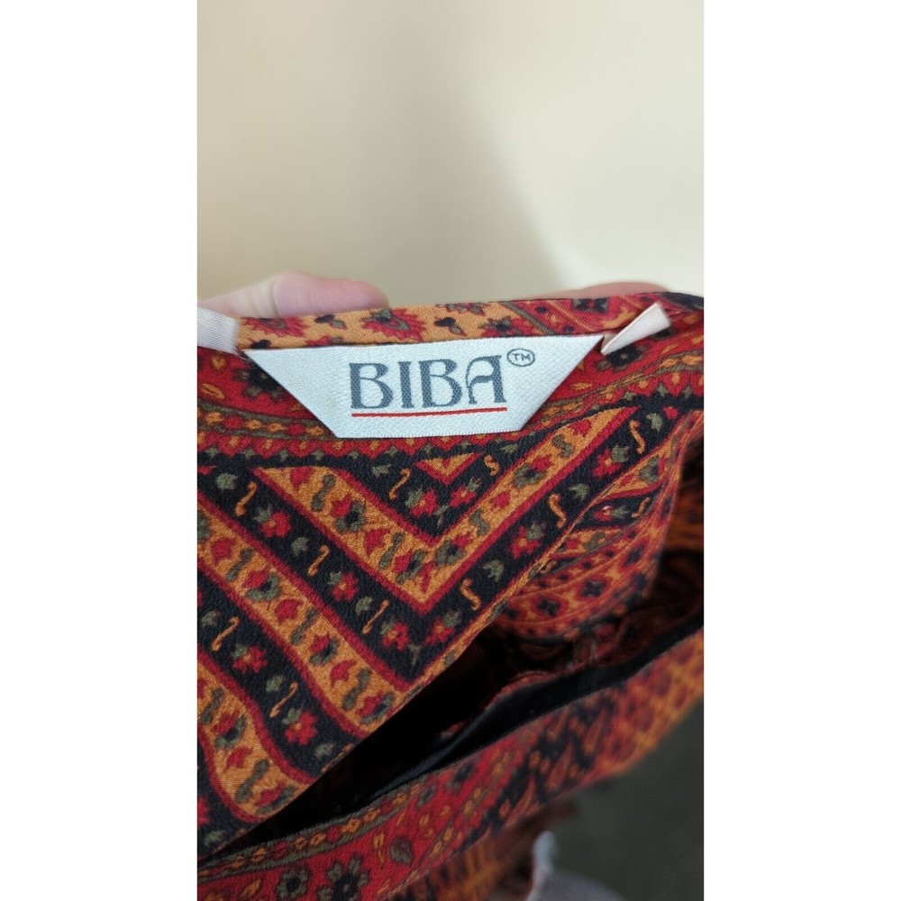 BIBA Vintage Silk Kaftan Top Orange Red Chevron Paisley l/s Bohemian Boho M L - Picture 4 of 5